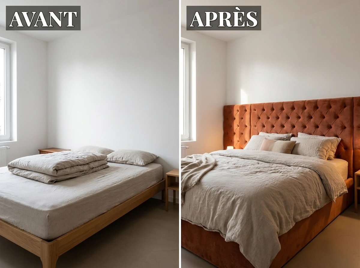 Transformation de chambre avec tête de lit terracotta