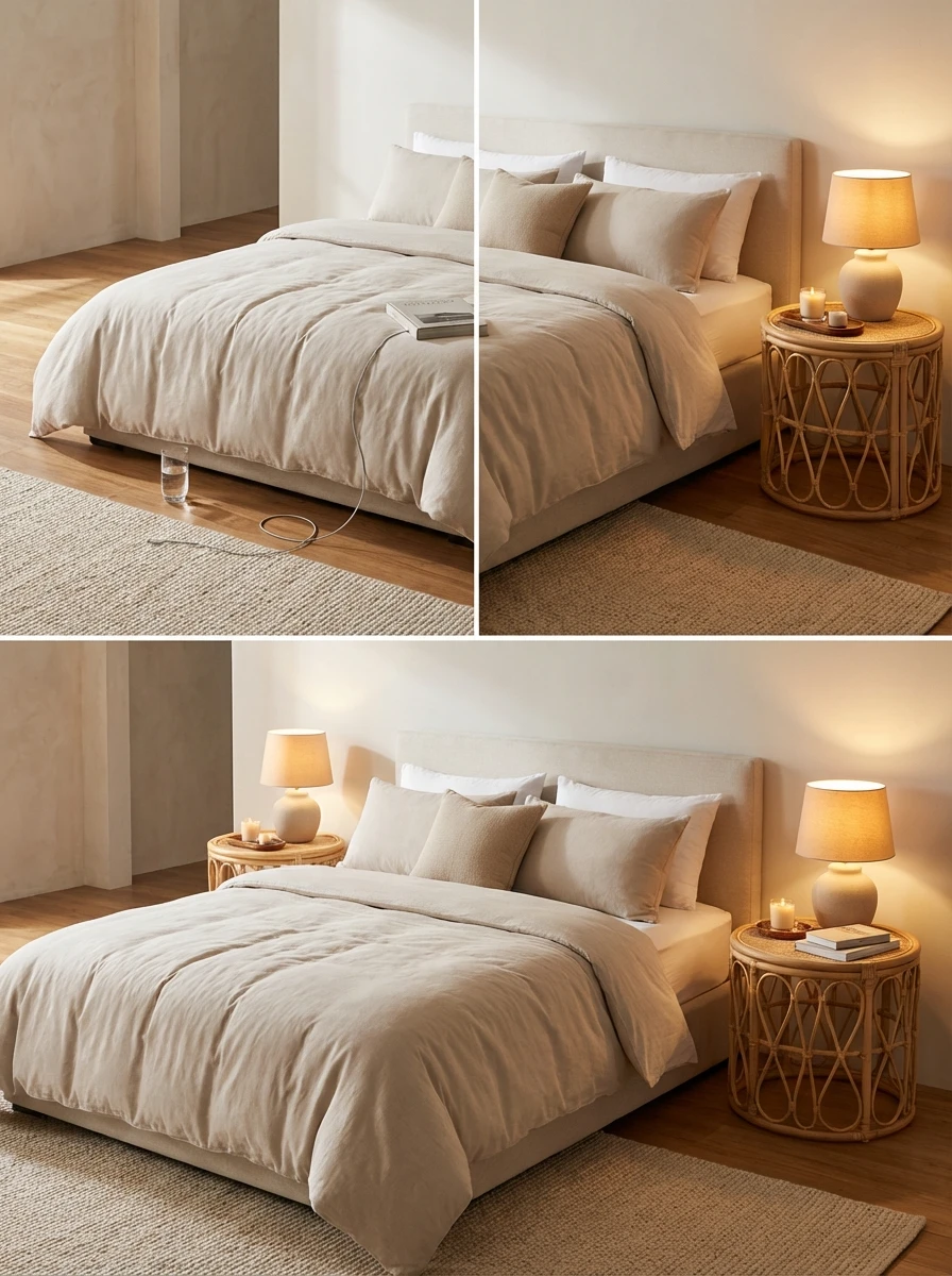 Aménagement de chambre avec tables de chevet en rotin