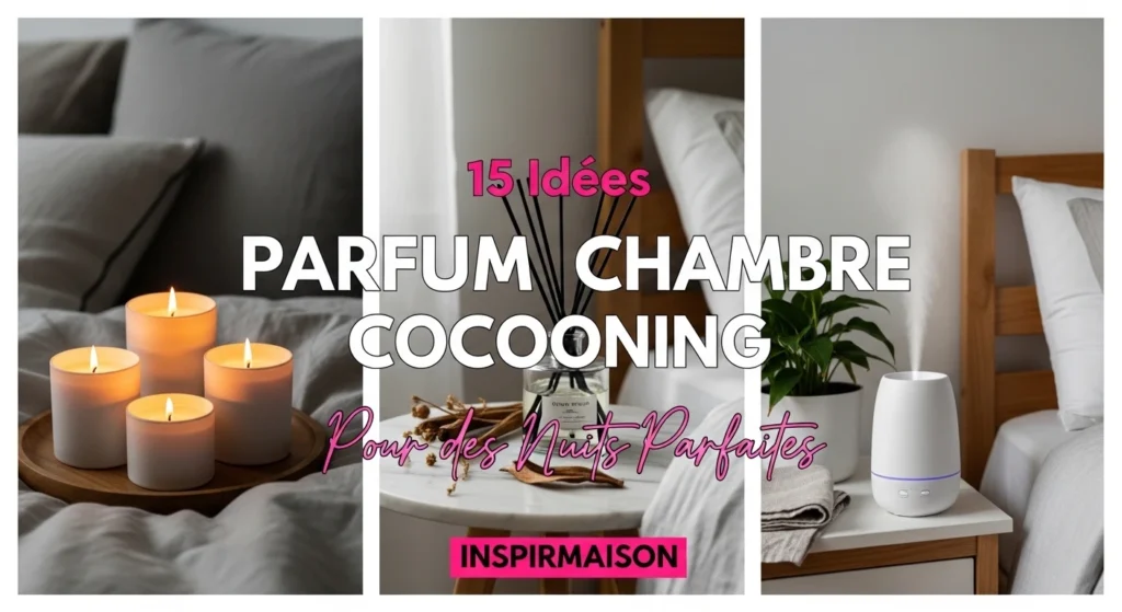 Collage d'idées de parfum pour chambre cocooning avec bougies, diffuseur à bâtonnets et brumisateur.