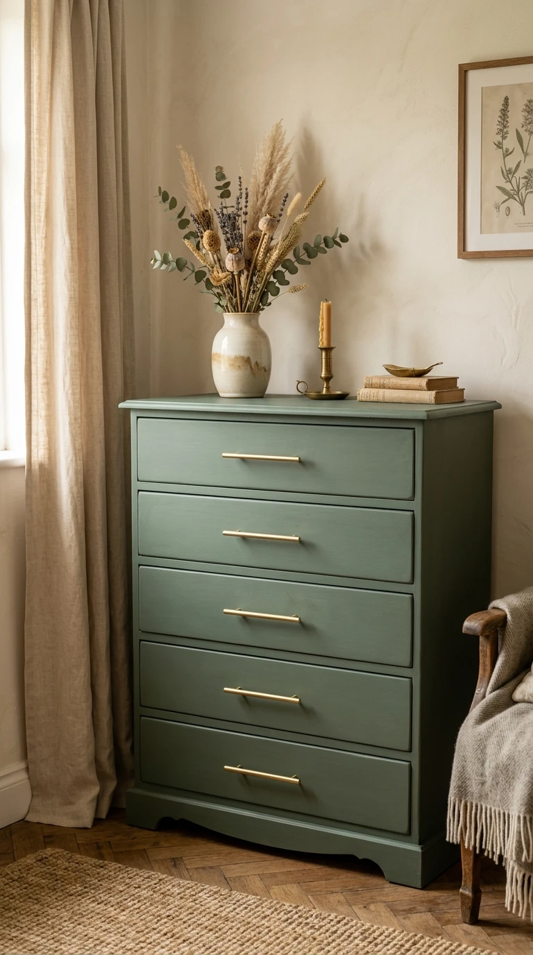 Commode ancienne restaurée et peinte en vert sauge