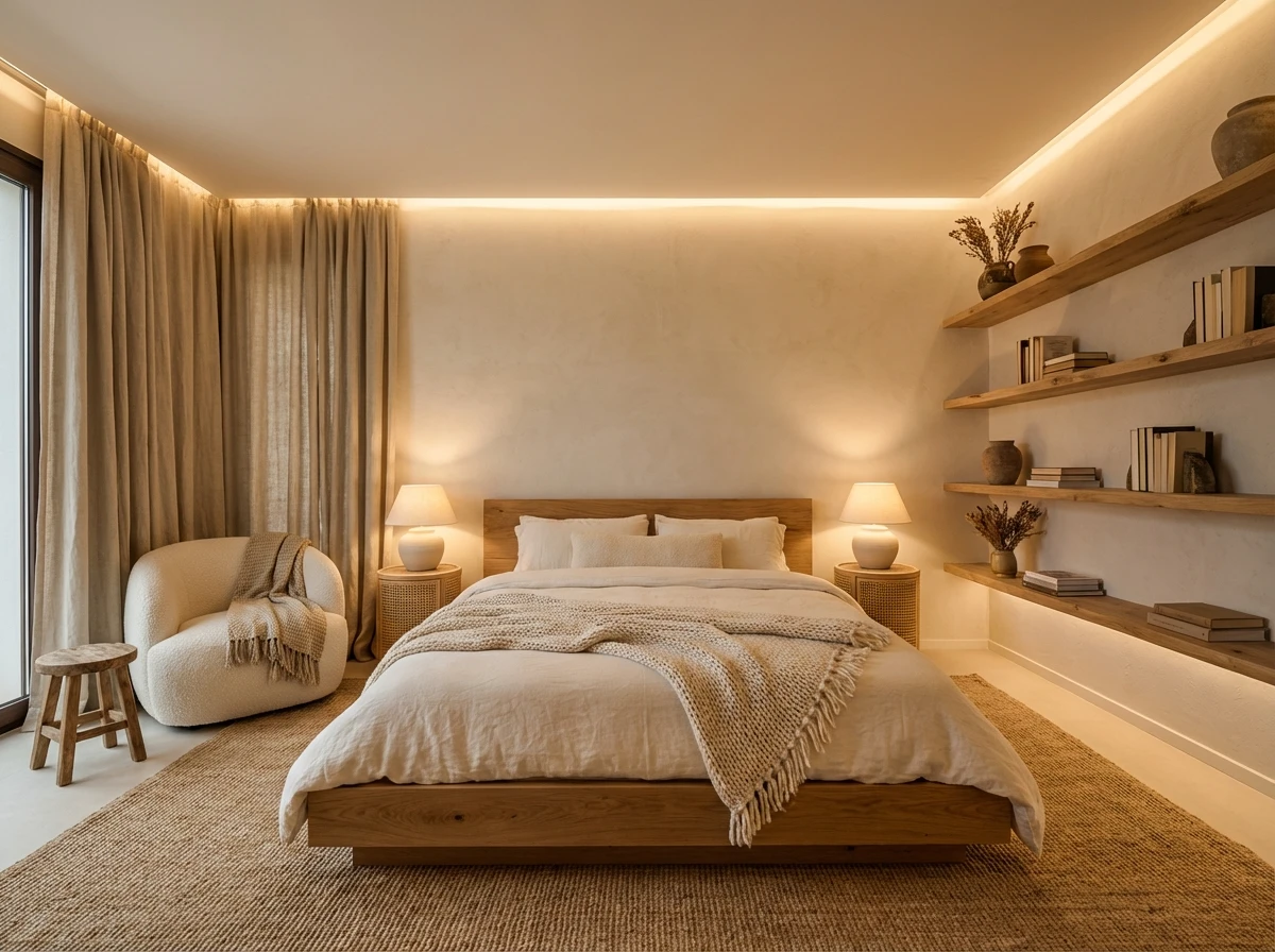 Aménagement d'une chambre cocooning aux tons neutres et bois