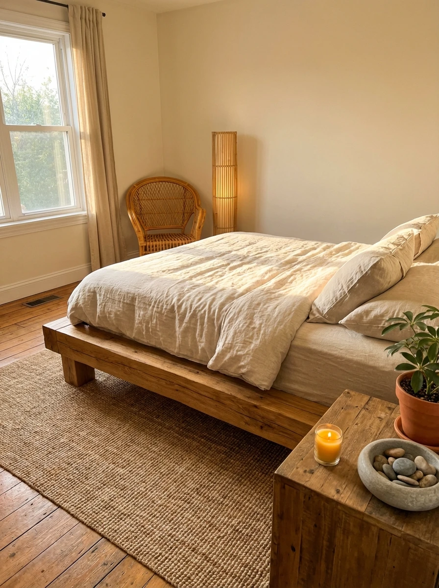Chambre minimaliste aux matières naturelles et bois