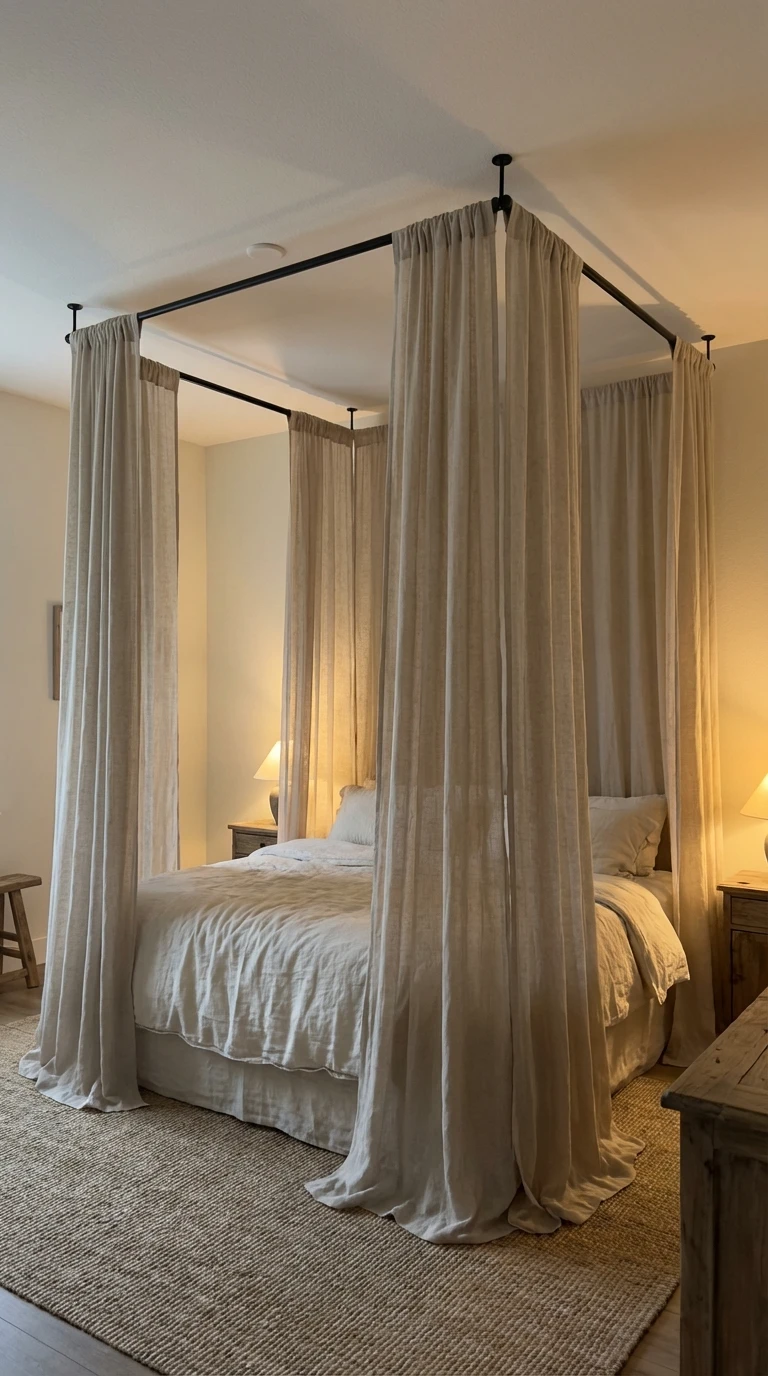 Lit à baldaquin DIY avec rideaux en lin et tringles