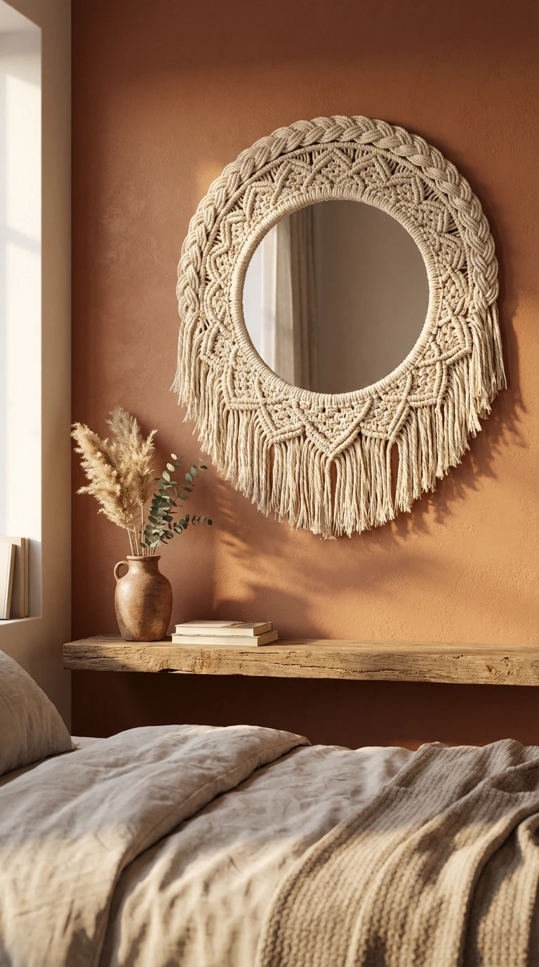 Miroir mural avec cadre en macramé artisanal