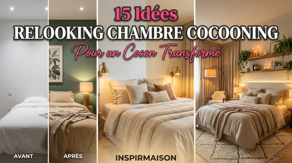 Avant-après d'un relooking de chambre style cocooning avec éclairage chaleureux et tons neutres.