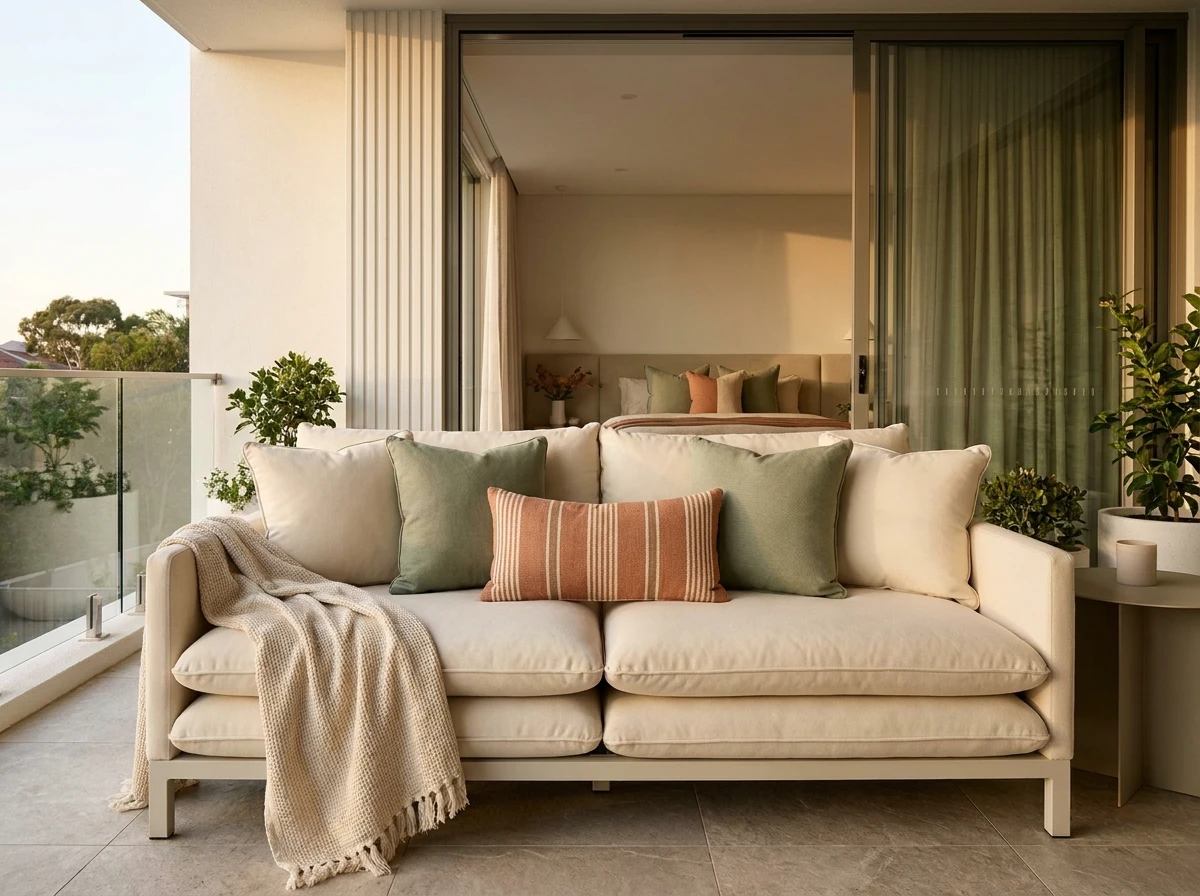 Coussins et textiles d'extérieur pour un balcon chaleureux