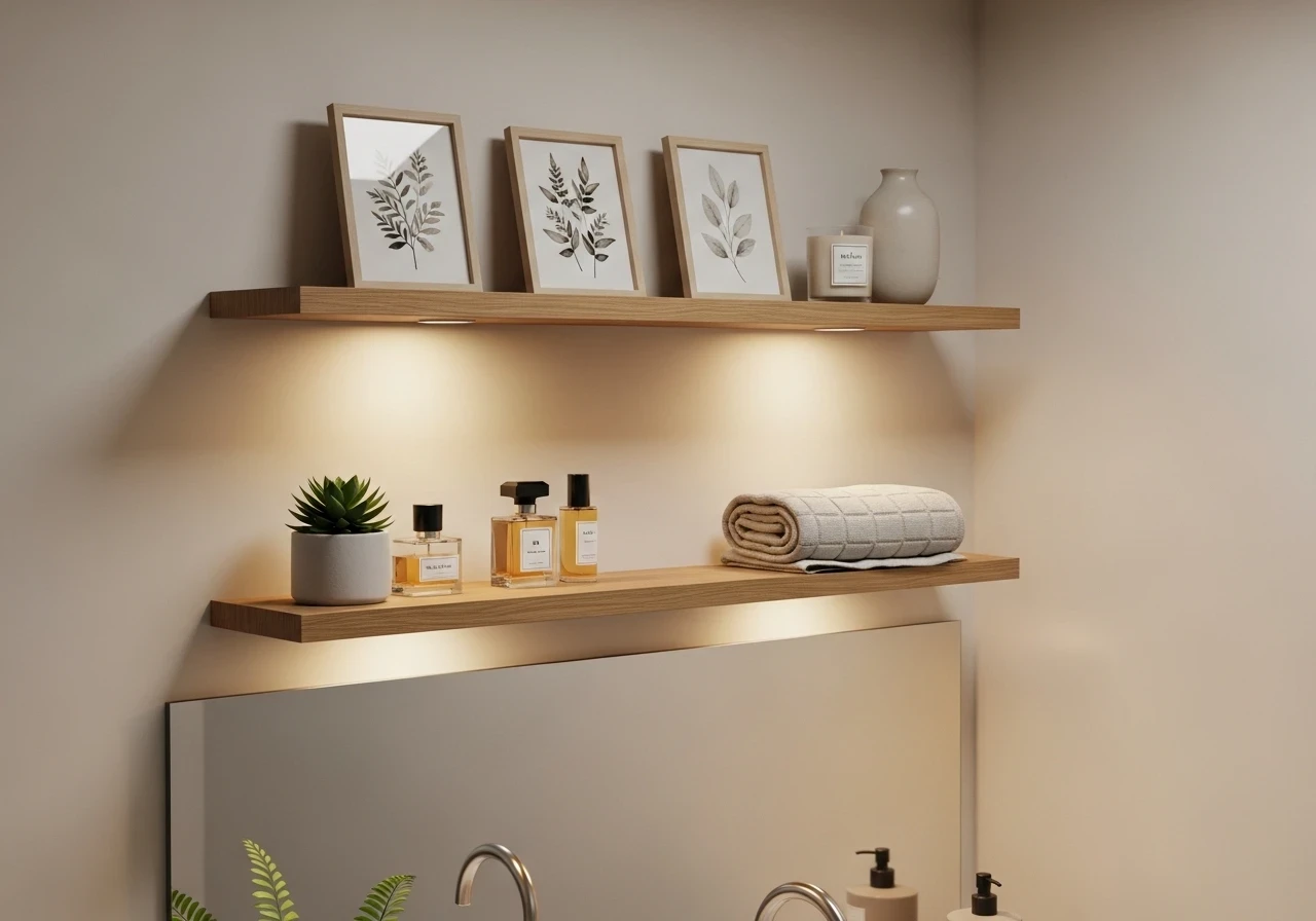 Étagères murales en bois avec éclairage LED au-dessus d'une coiffeuse