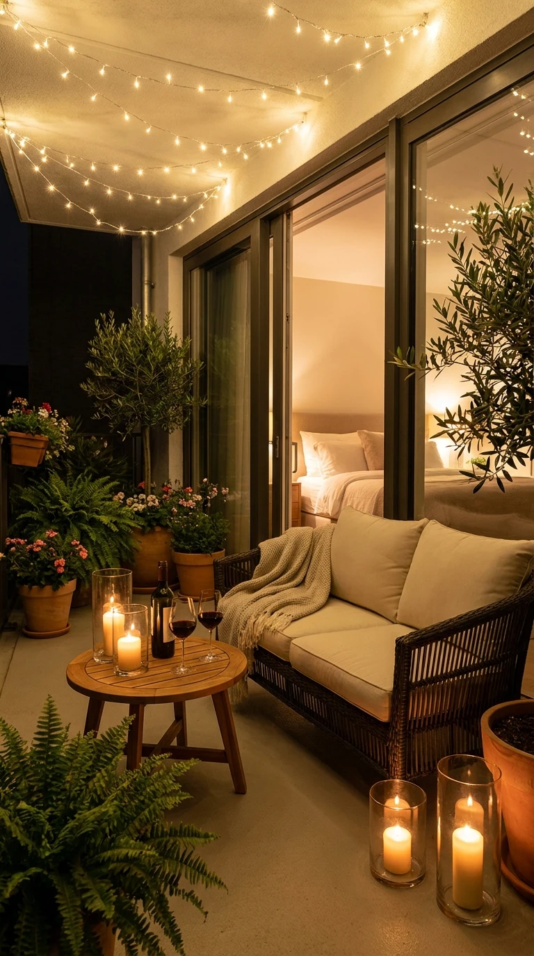 Aménagement d'un balcon cosy et romantique pour le soir