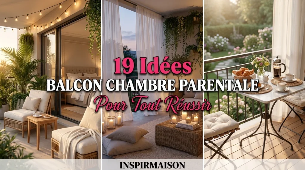 Collage d'idées déco pour un balcon de chambre parentale avec guirlandes, plantes et mobilier cosy.