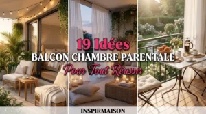 Collage d'idées déco pour un balcon de chambre parentale avec guirlandes, plantes et mobilier cosy.
