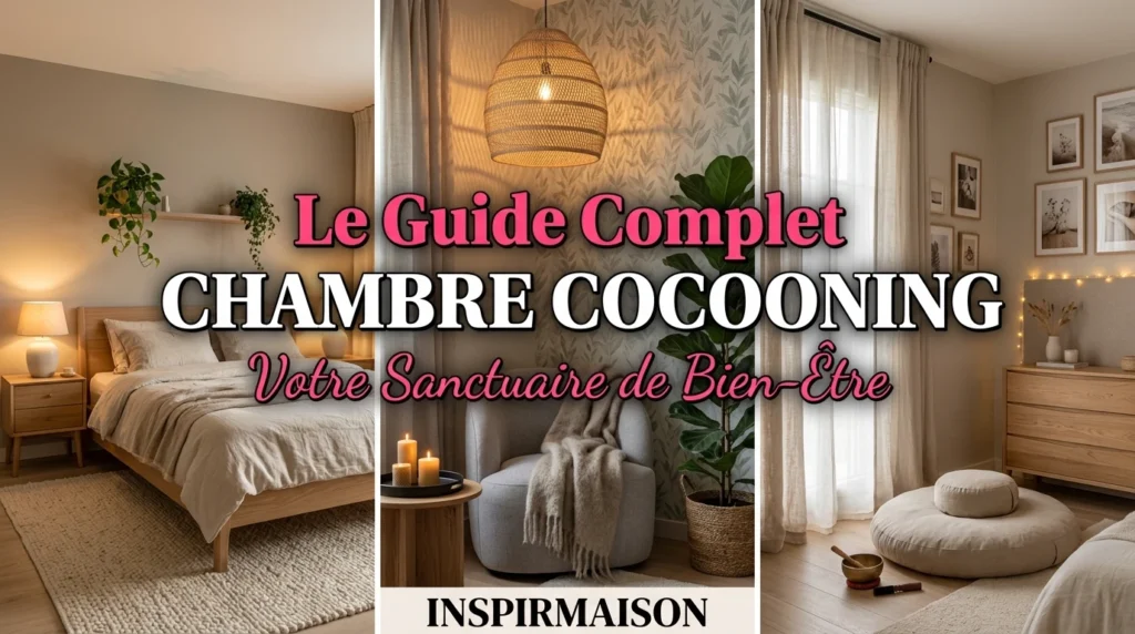 Collage de chambres à la déco cocooning avec bois naturel, plantes vertes et lumières douces.