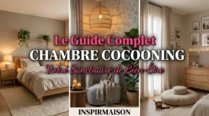 Collage de chambres à la déco cocooning avec bois naturel, plantes vertes et lumières douces.