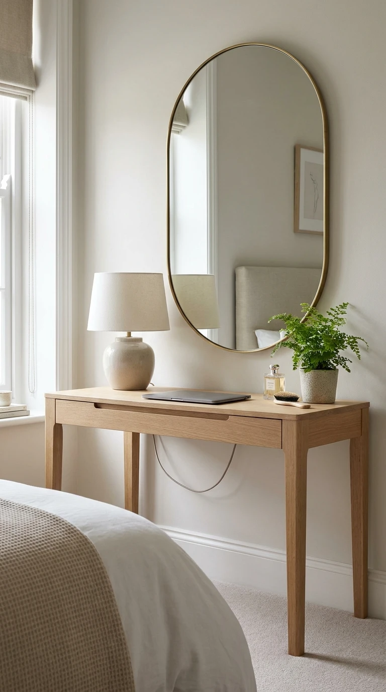 Bureau élégant en bois utilisé comme coiffeuse dans une chambre