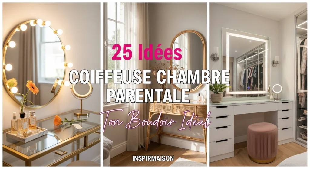Trois styles de coiffeuses pour chambre parentale : moderne doré, rotin naturel et minimaliste avec miroir lumineux.