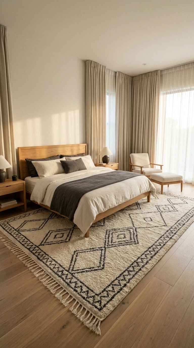 Aménagement de chambre avec tapis berbère géométrique