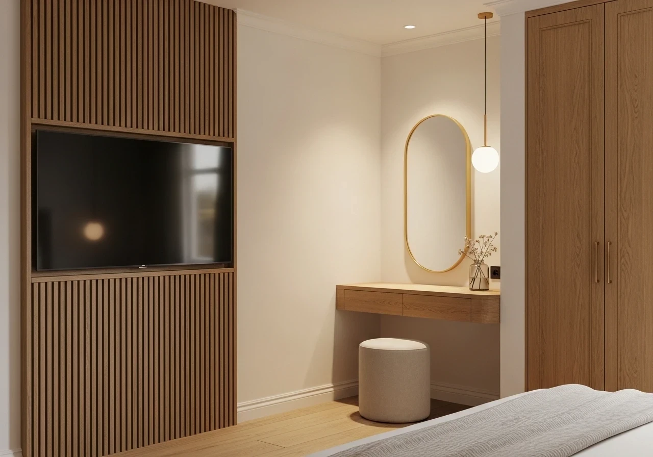 Aménagement d'un coin coiffeuse et mur TV en bois