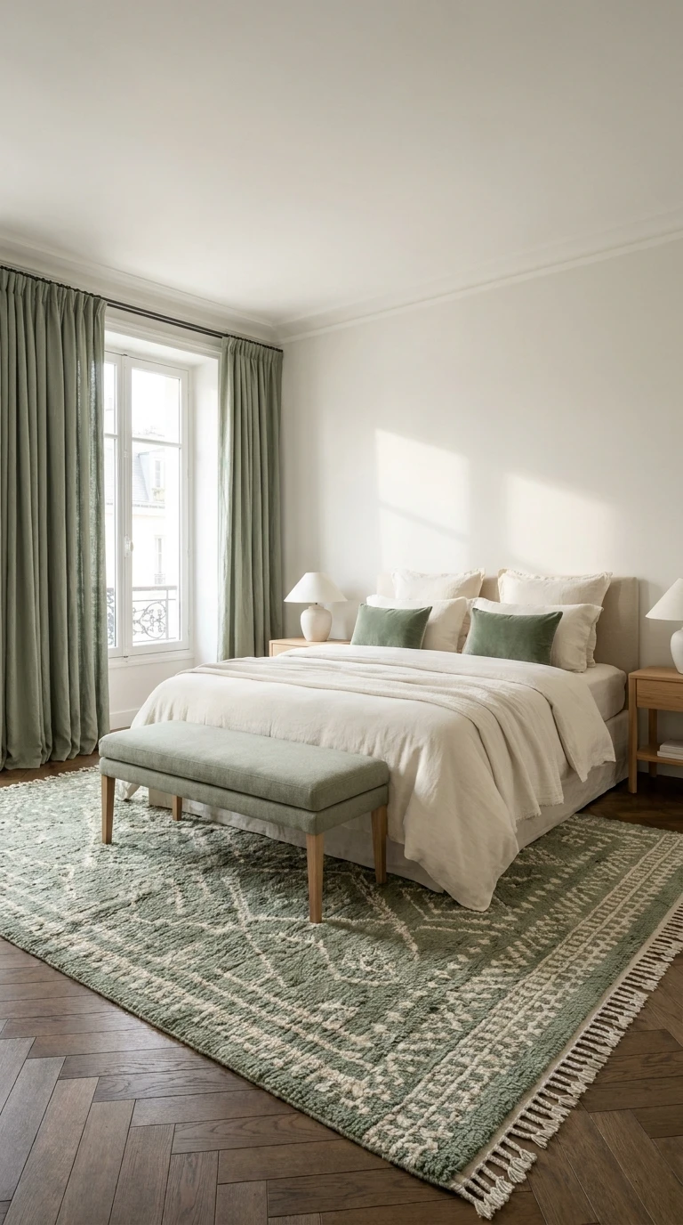 Harmonie de rideaux, tapis et textiles de lit en vert sauge