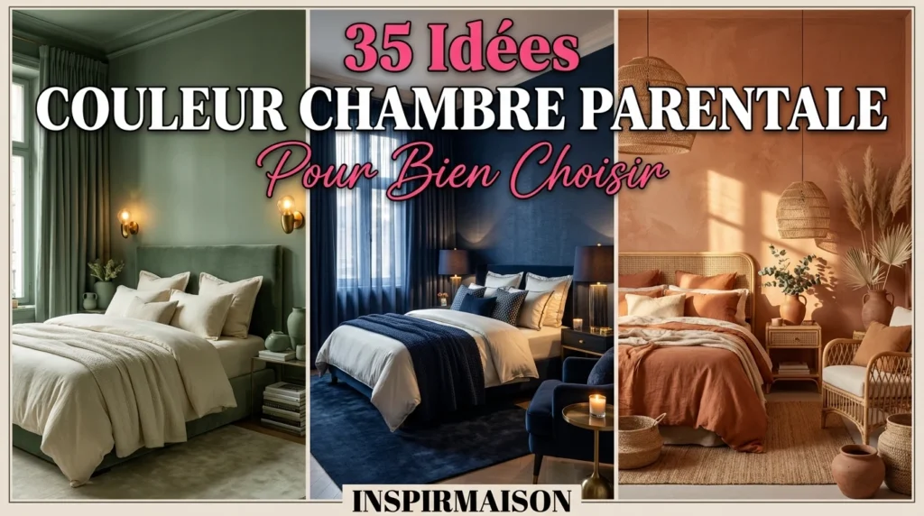 Collage de trois chambres parentales décorées en vert sauge, bleu nuit et terracotta.