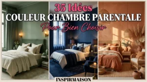 Collage de trois chambres parentales décorées en vert sauge, bleu nuit et terracotta.