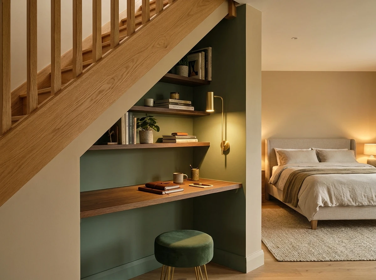 Aménagement d'un bureau dans l'alcôve sous un escalier