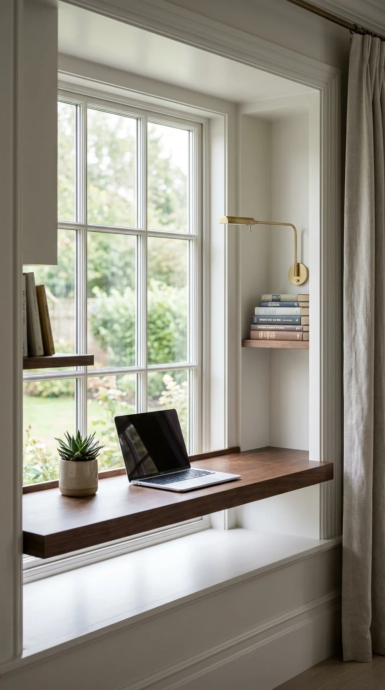 Bureau minimaliste aménagé dans une embrasure de fenêtre
