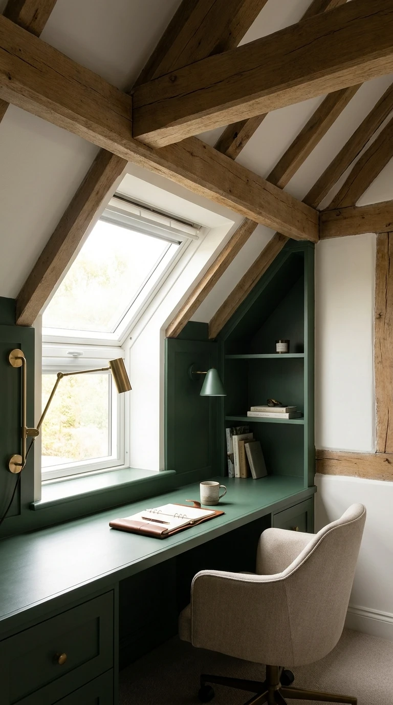 Aménagement d'un bureau vert sous les combles avec poutres apparentes