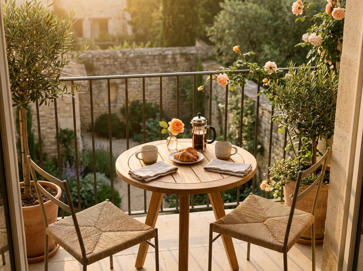 Aménagement d'un coin petit-déjeuner sur un balcon ensoleillé