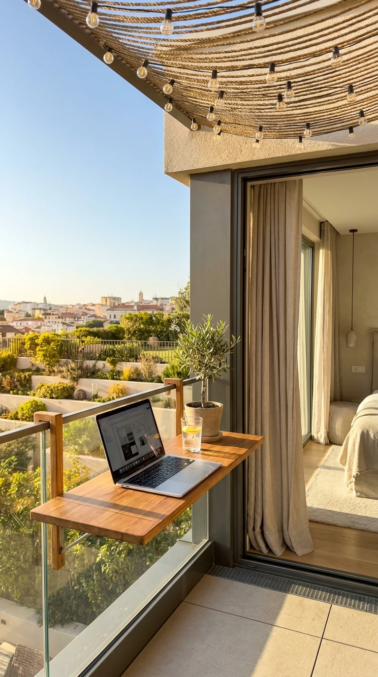 Aménagement d'un espace de travail debout sur un balcon en été