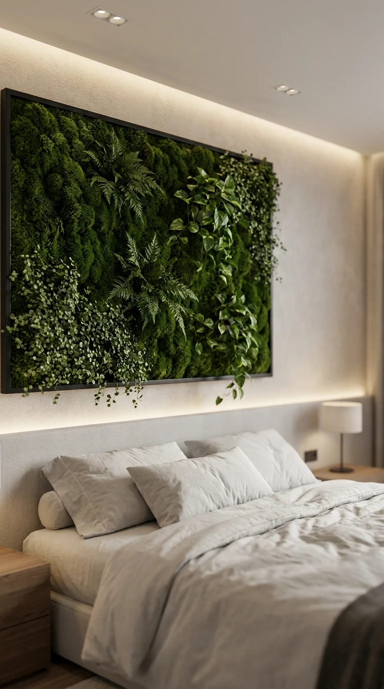 Mur végétal stabilisé dans une chambre moderne
