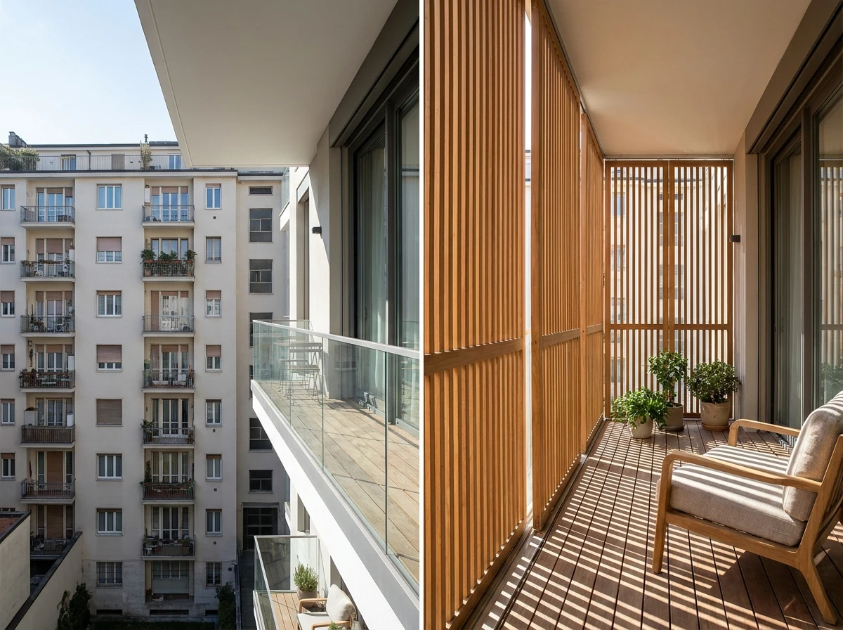 Aménagement de balcon avec claustra en bois pour plus d'intimité