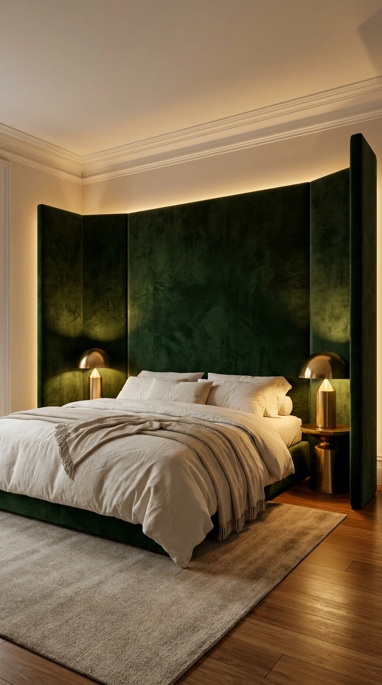 Tête de lit enveloppante en velours vert pour un espace nuit intime