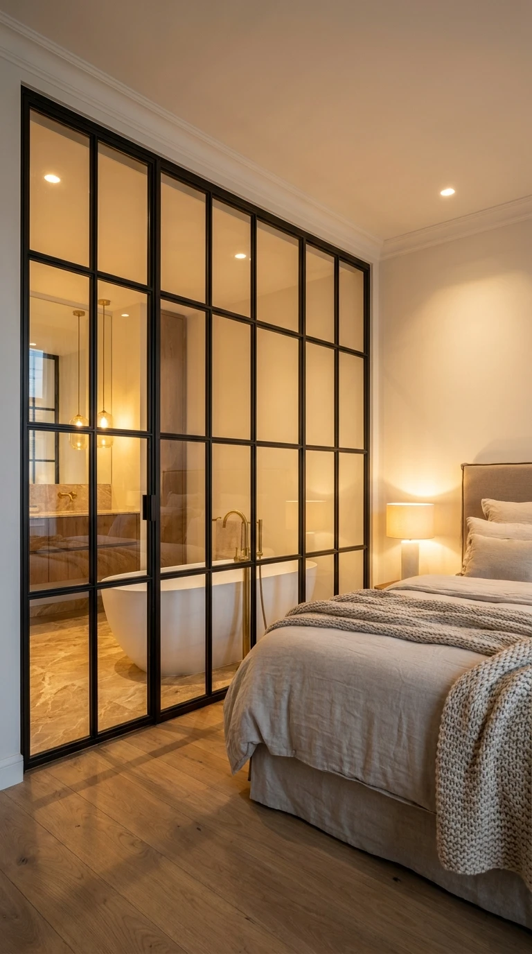 Verrière de séparation style atelier entre chambre et salle de bain