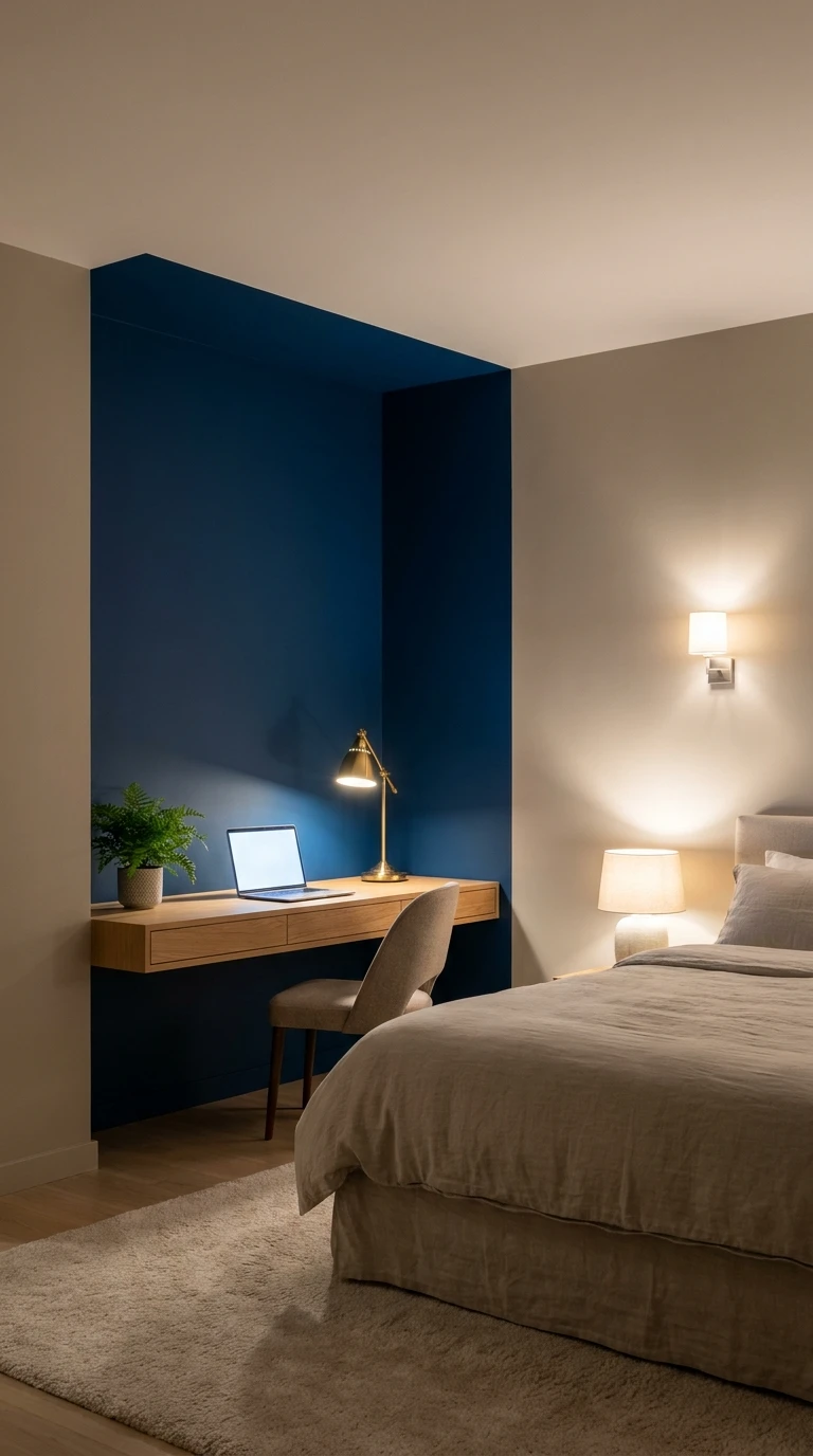 Coin bureau délimité par une peinture bleu profond dans une chambre