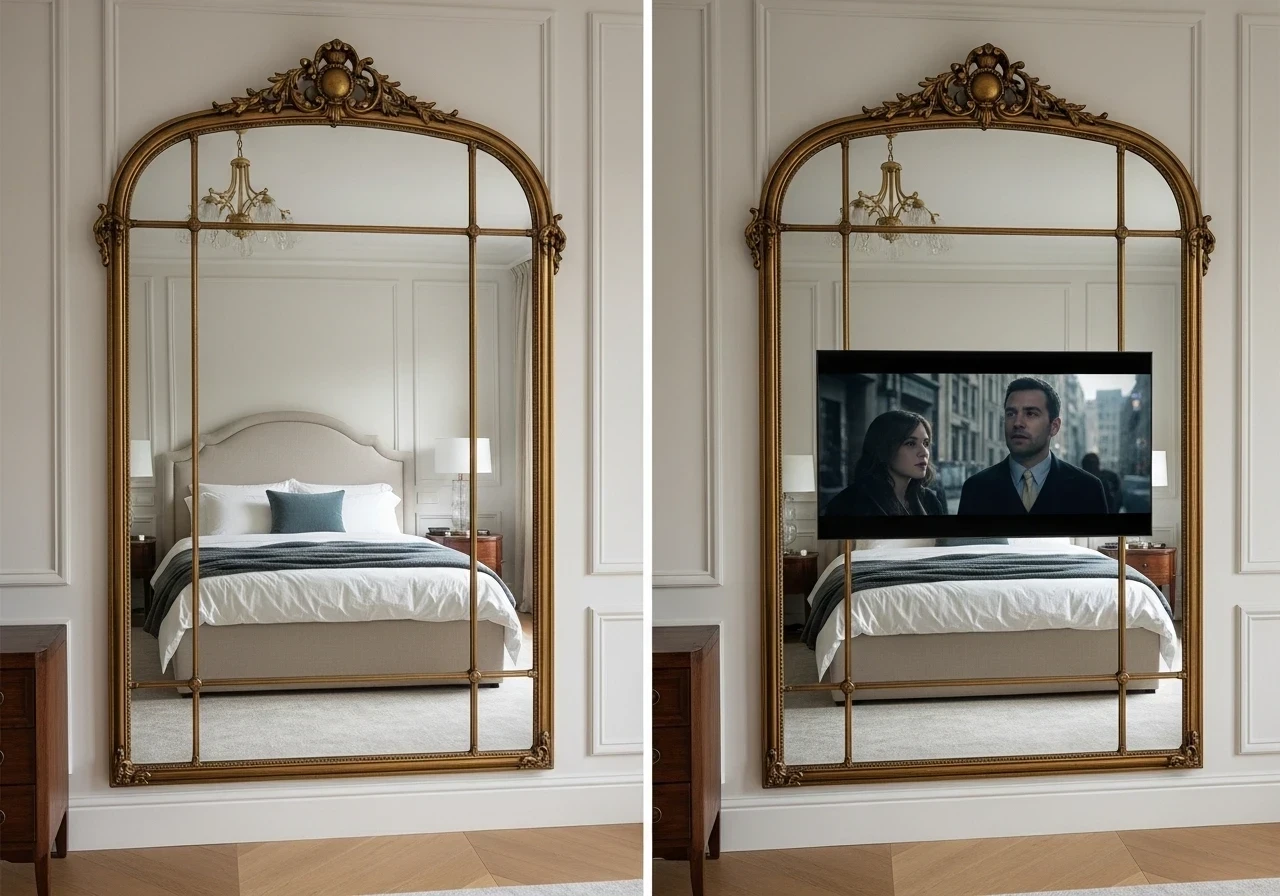 Télévision dissimulée derrière un miroir décoratif