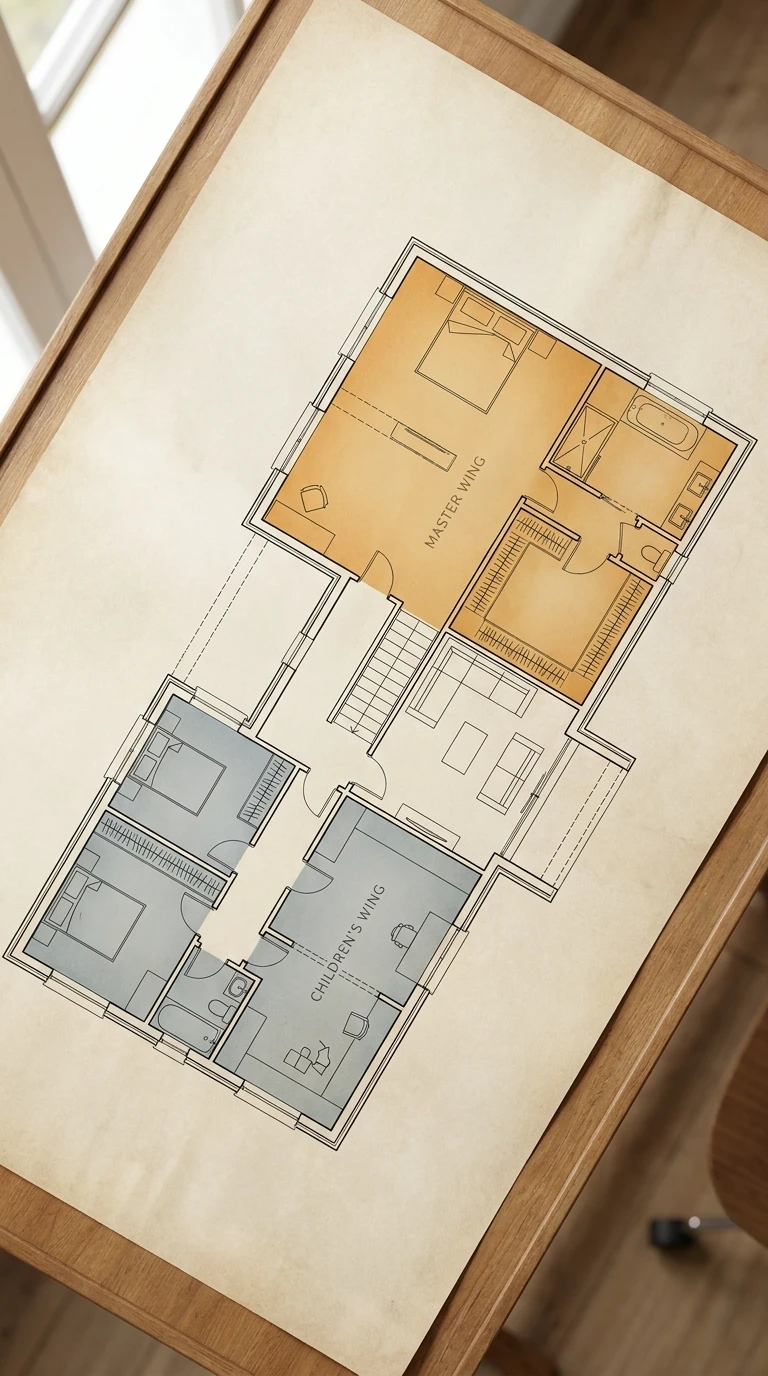 Plan de maison : séparation suite parentale et chambres enfants