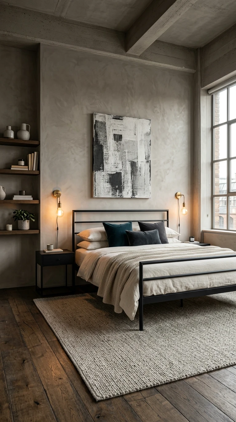 Chambre industriel chic avec murs en béton et lit en métal noir