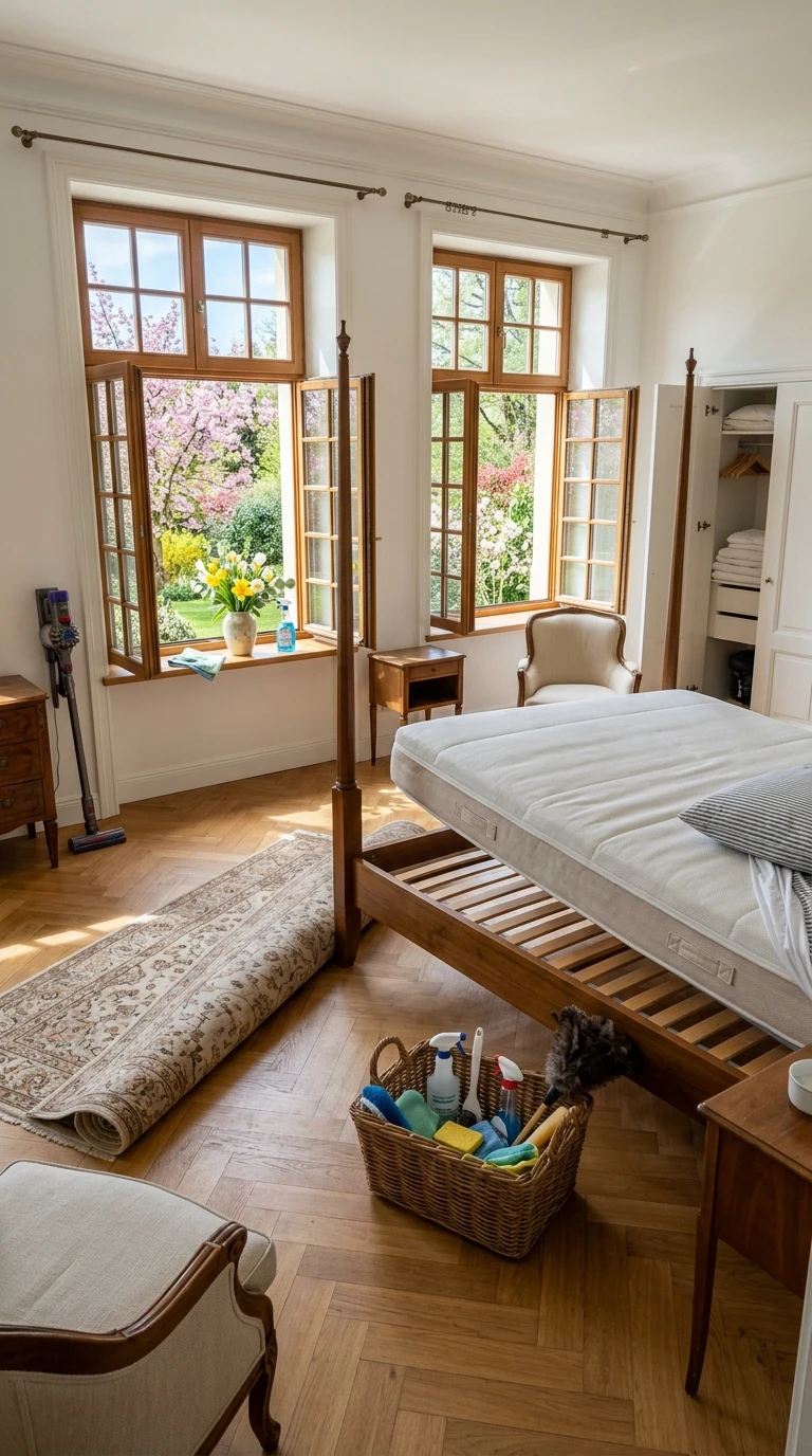 Grand ménage de printemps dans une chambre lumineuse