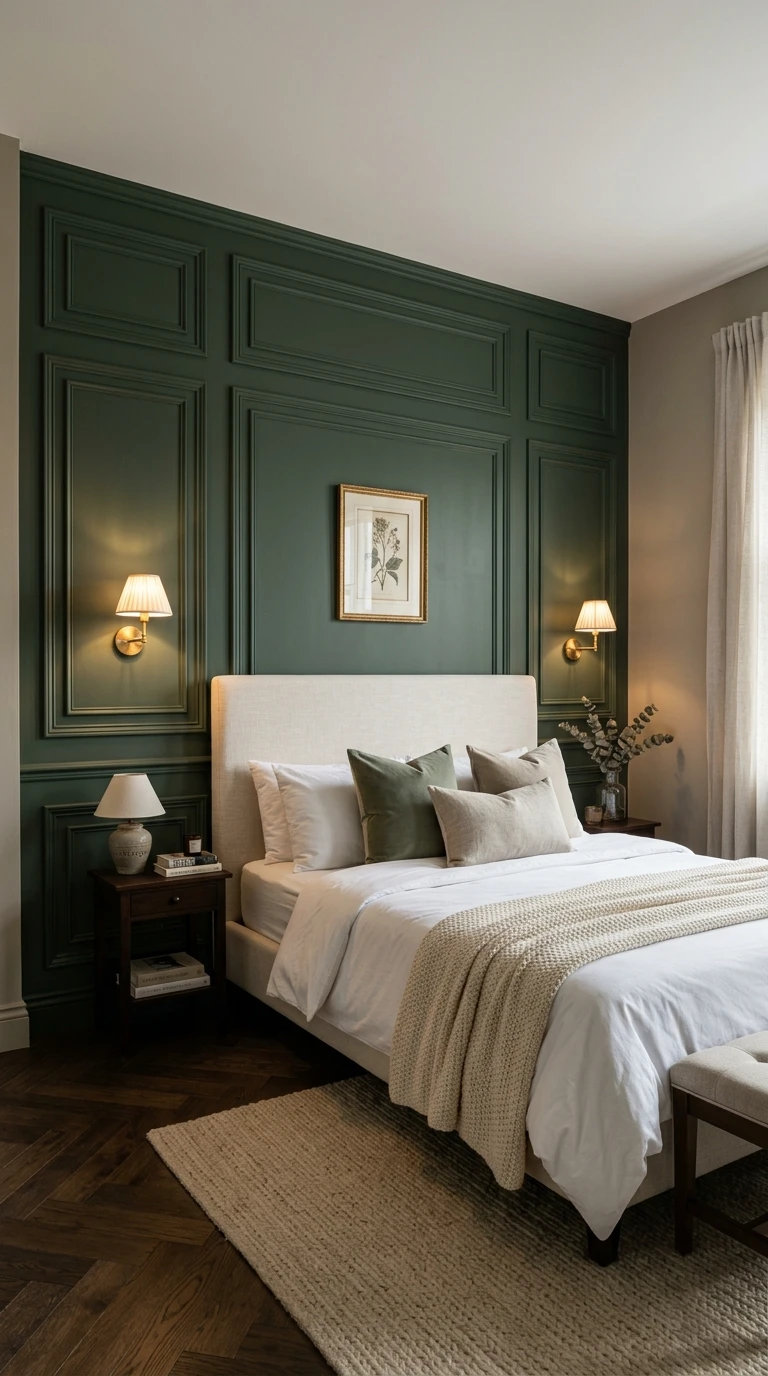 Chambre élégante avec mur en boiseries vert forêt