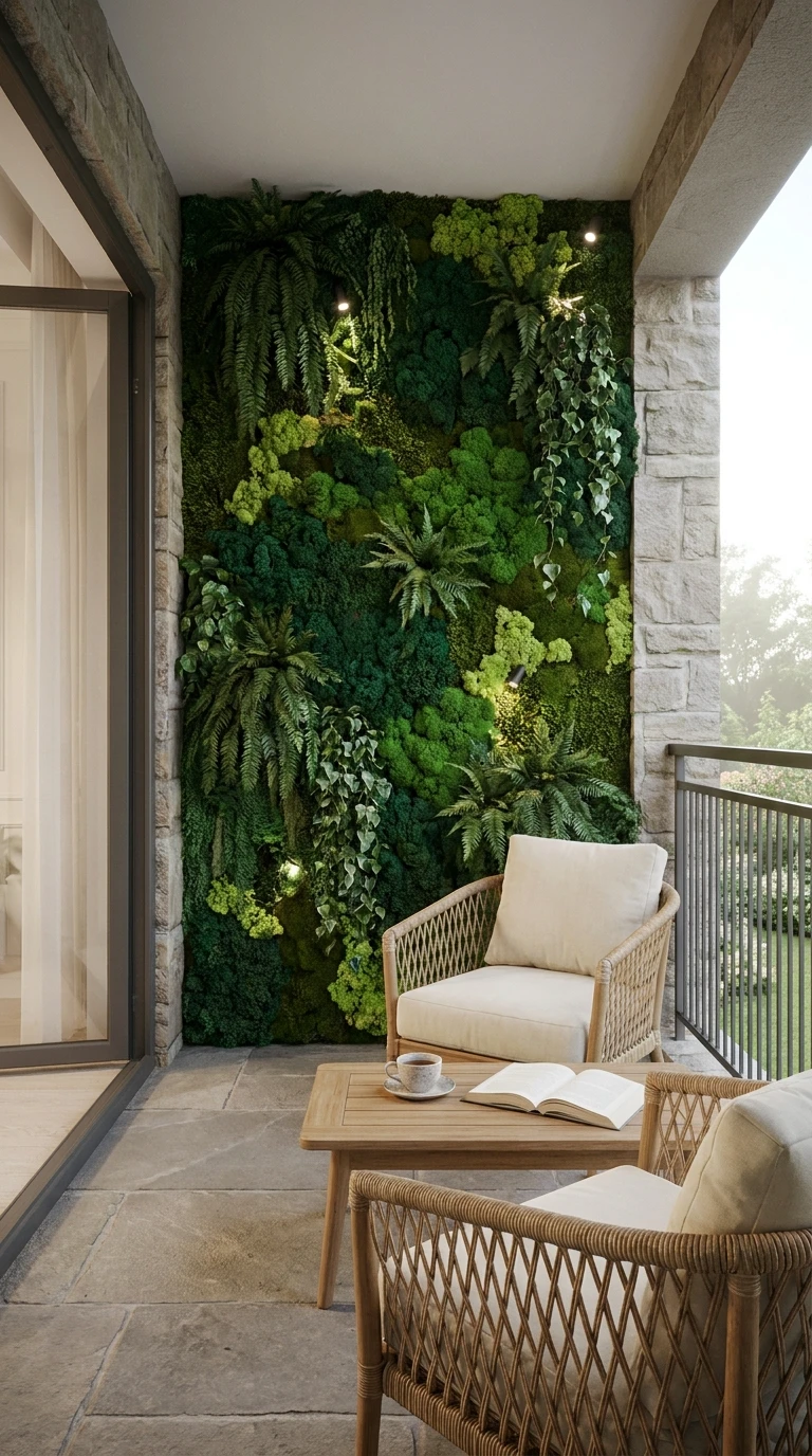 Aménagement de balcon avec mur végétal et mobilier en rotin