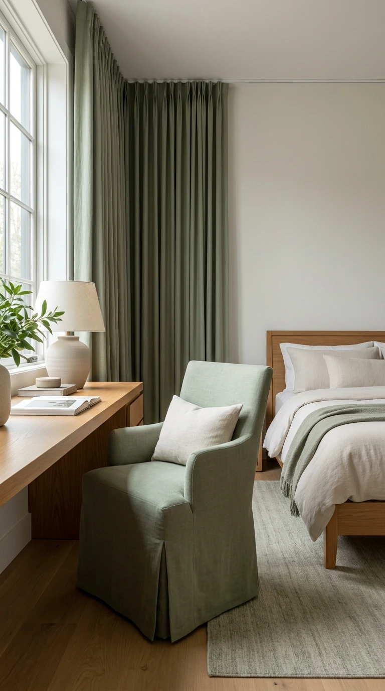 Harmonisation du bureau avec les rideaux et textiles verts
