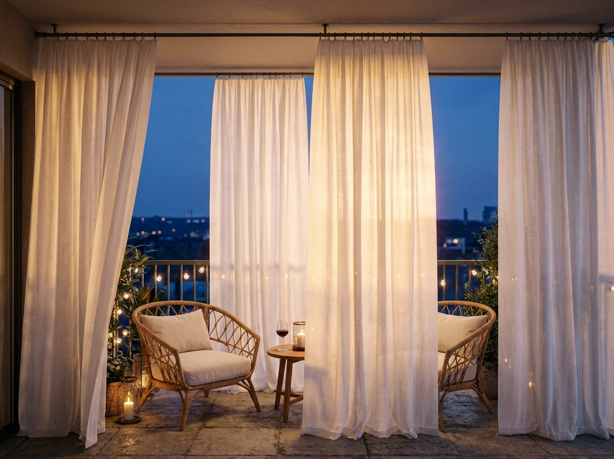 Ambiance lounge sur terrasse avec rideaux d'extérieur blancs