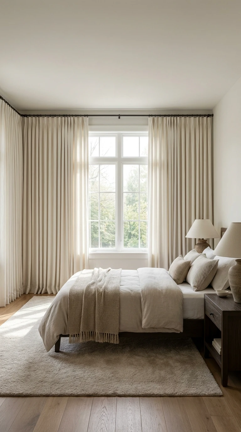 Installation de rideaux sur toute la largeur du mur d'une chambre