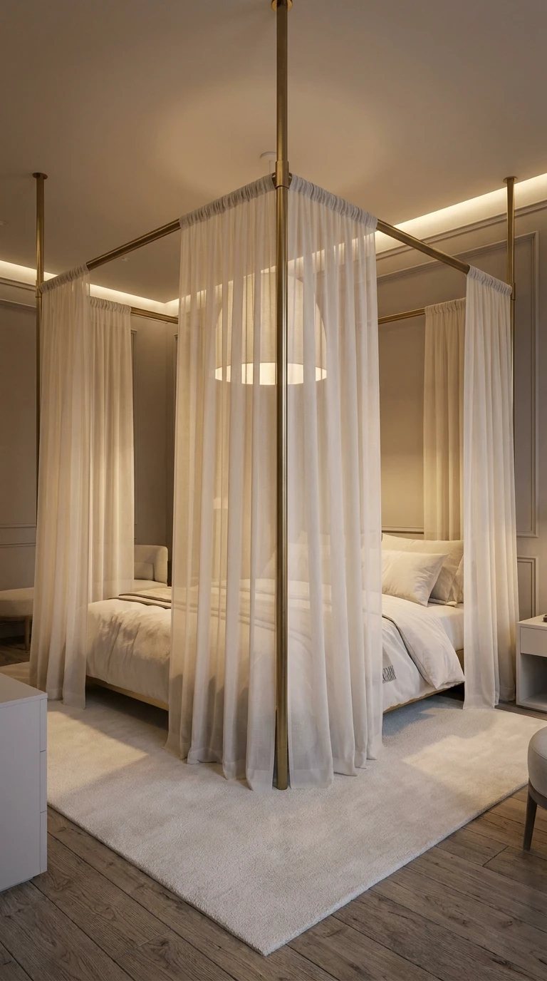 Aménagement d'un lit à baldaquin moderne et théâtral