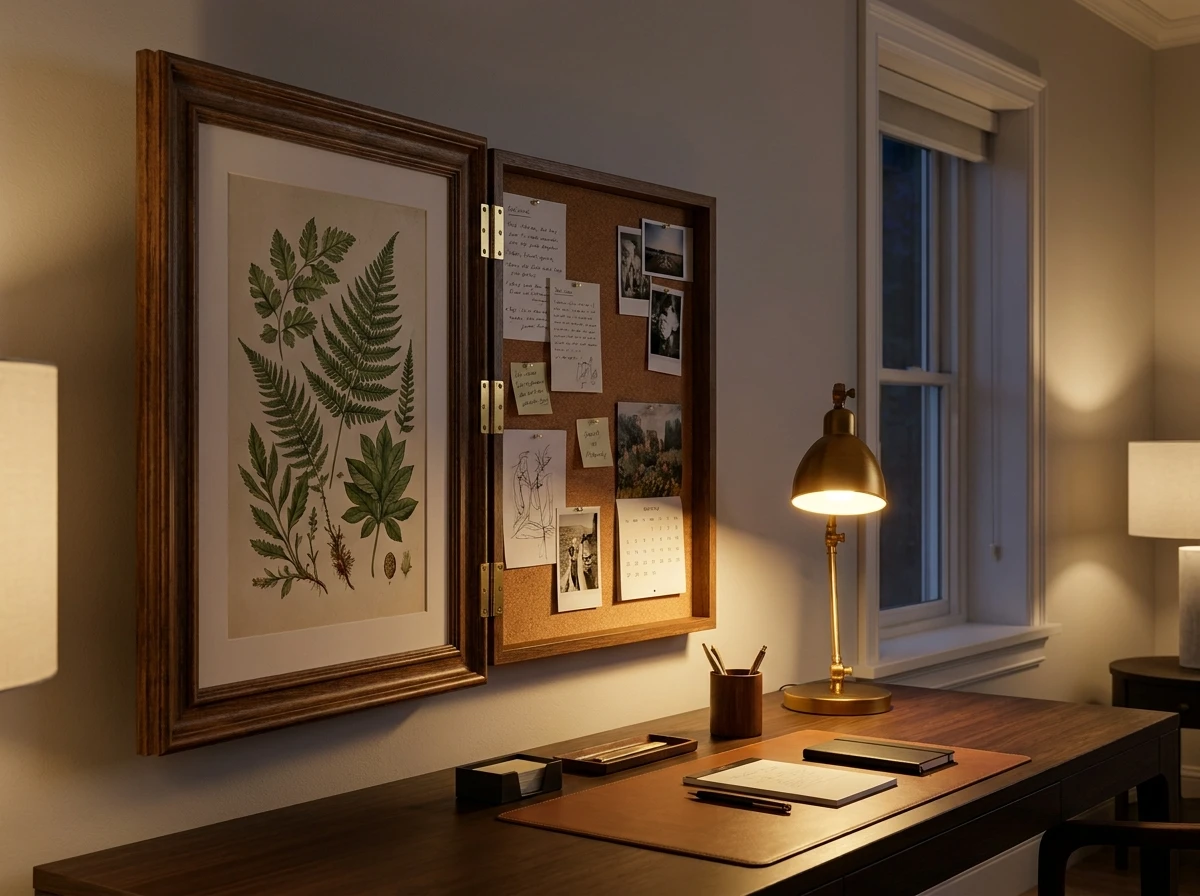 Tableau en liège caché derrière un cadre mural décoratif