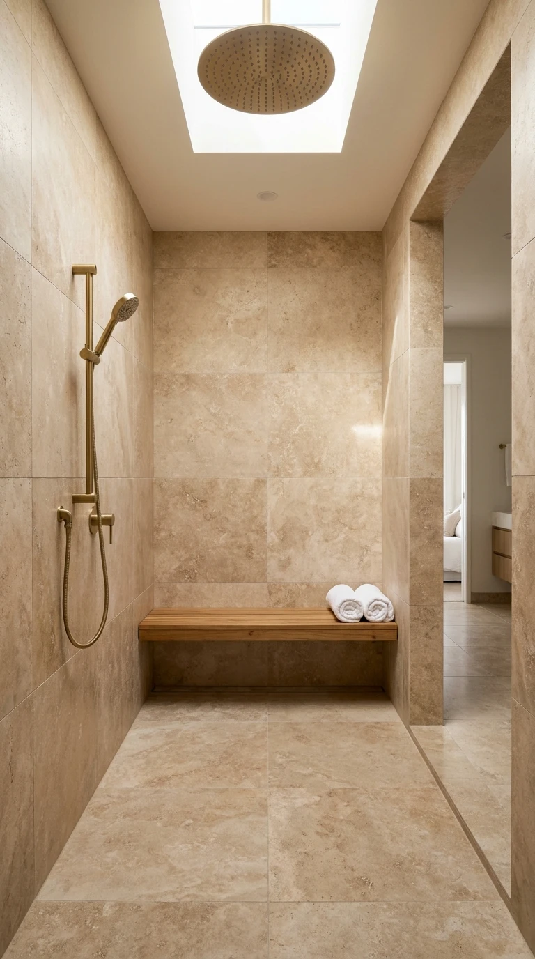 Douche à l'italienne spacieuse en pierre naturelle