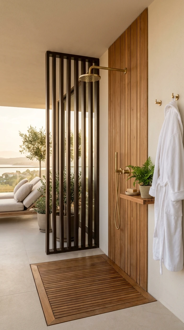 Installation d'une douche extérieure luxueuse sur un balcon