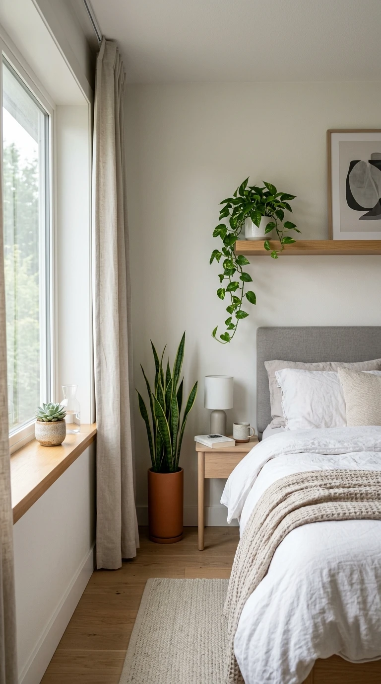 Décoration de chambre avec plantes vertes et style minimaliste