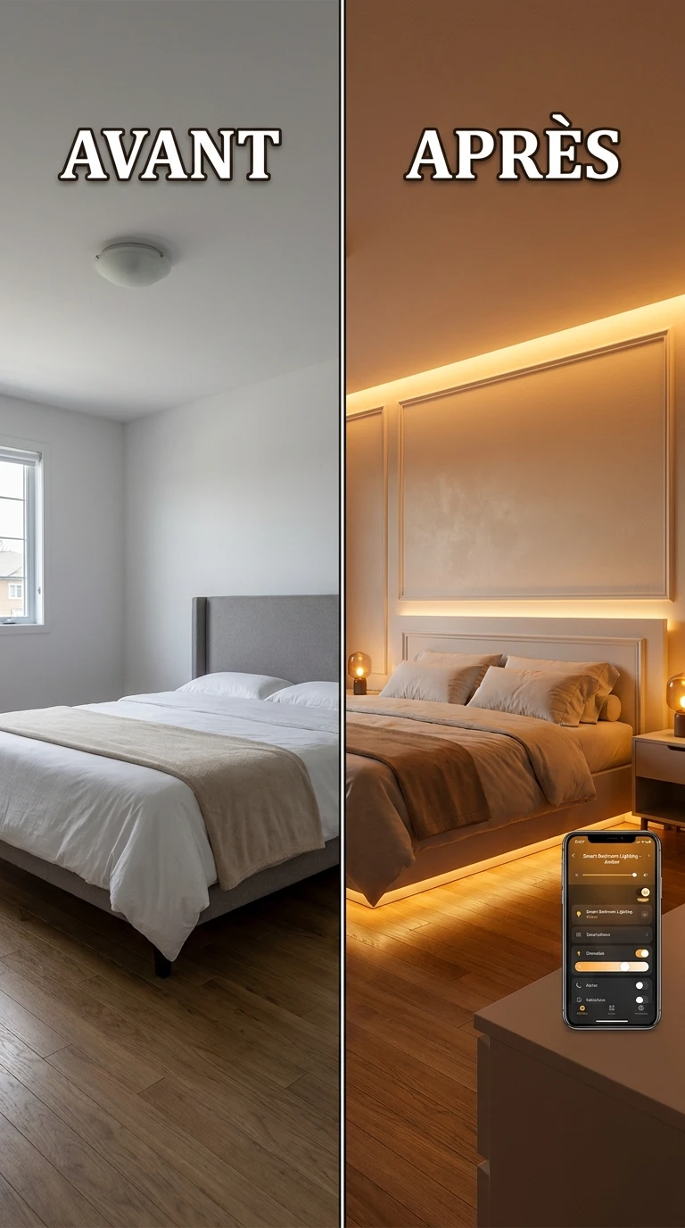 Installation d'éclairage indirect LED connecté dans une chambre : avant-après