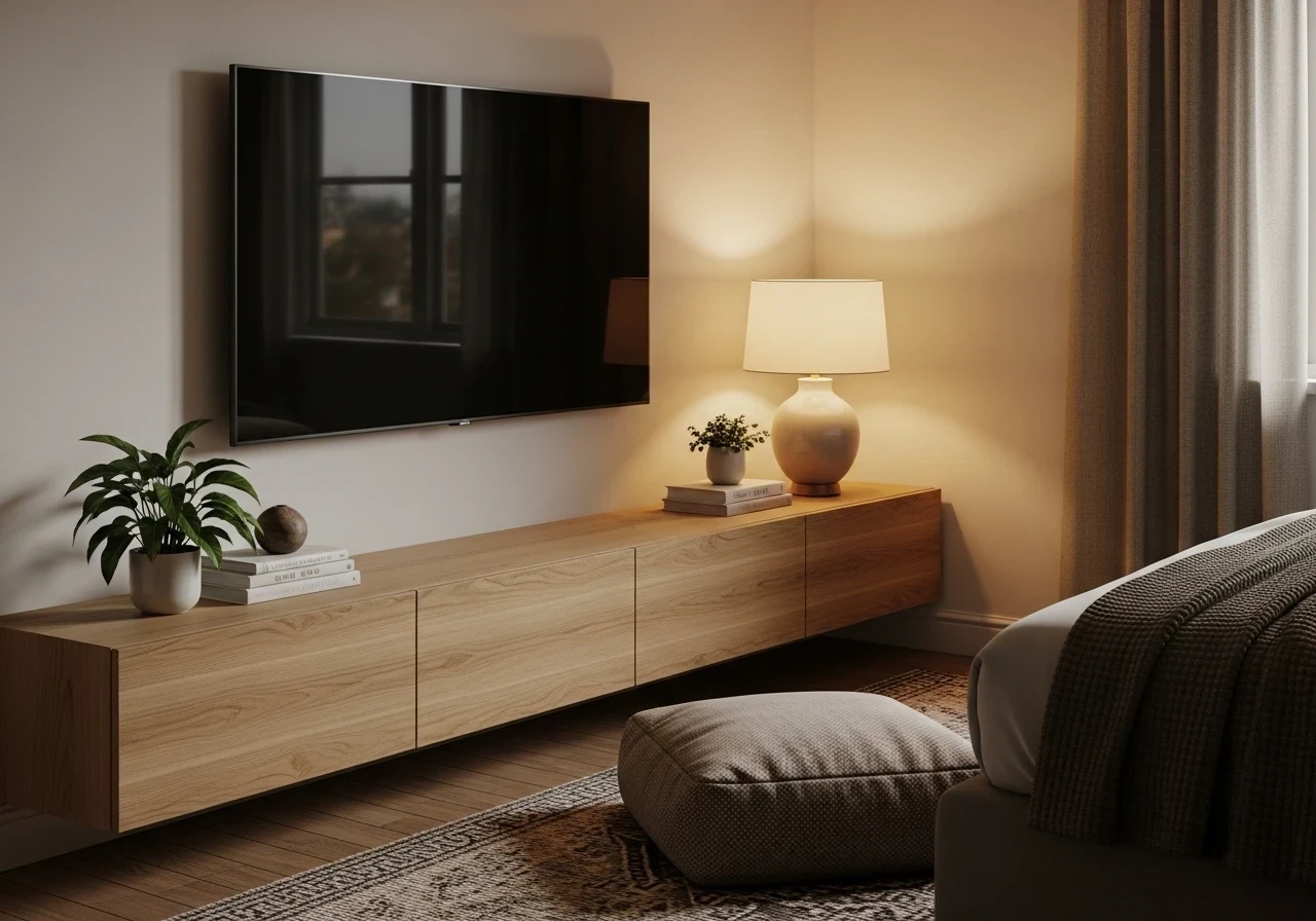 Aménagement d'un coin TV cosy avec meuble bas flottant en bois