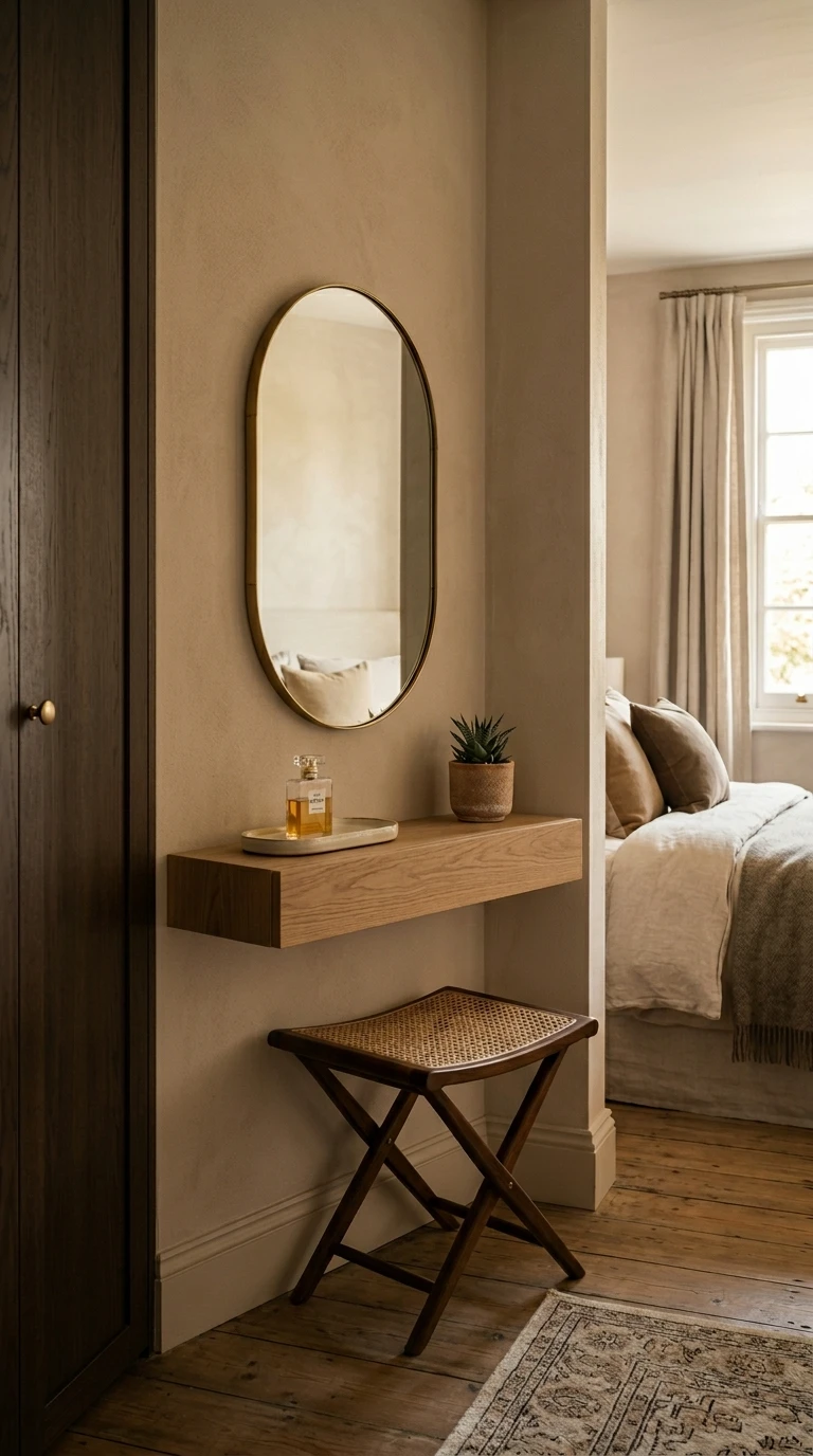 Aménagement d'une coiffeuse minimaliste dans un coin de chambre